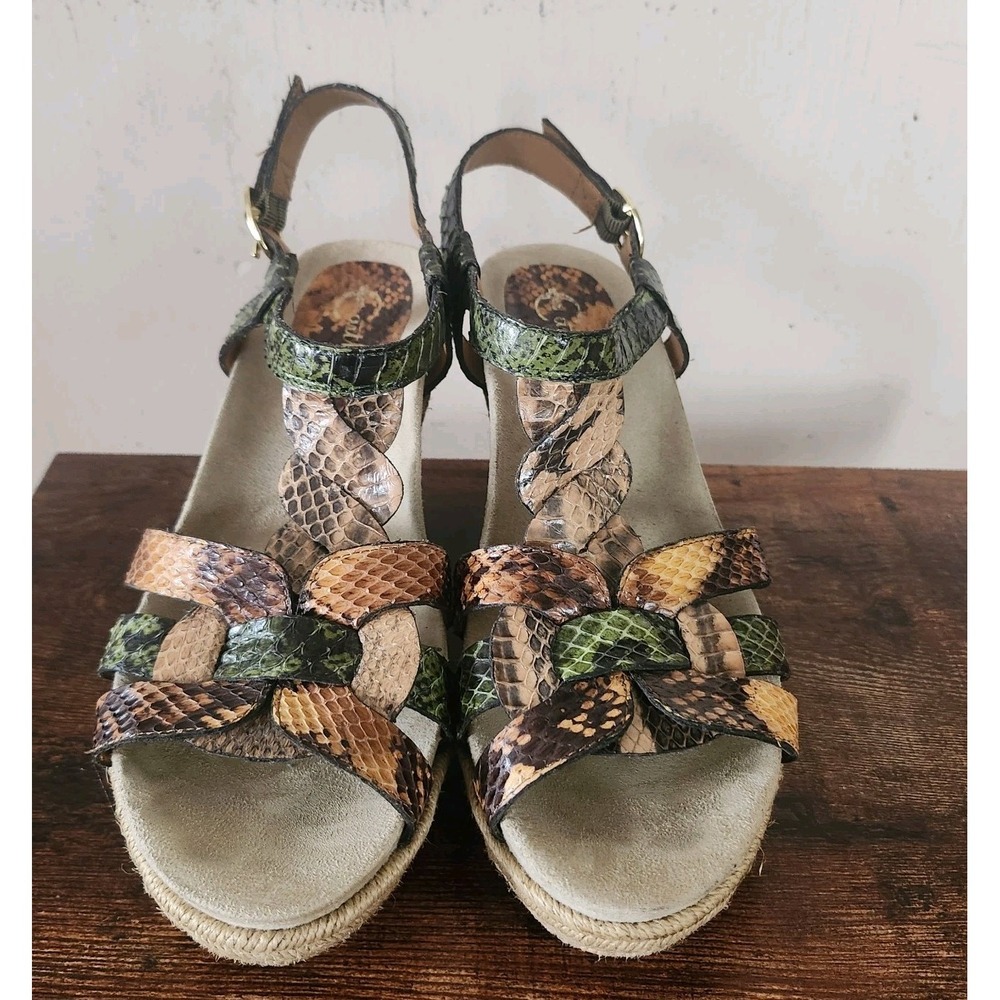 EARTHIES Womens 9.5 B Green Corsica Snake Print Sandals Leather Shoes Wedge - Picture 4 of 7